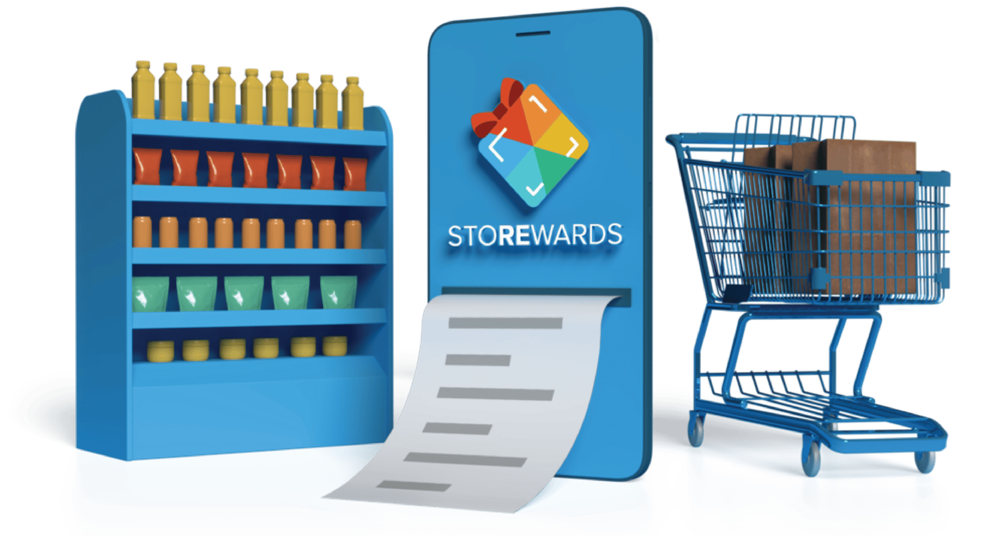 3D rendering of stocked shelf, phone, and shopping cart